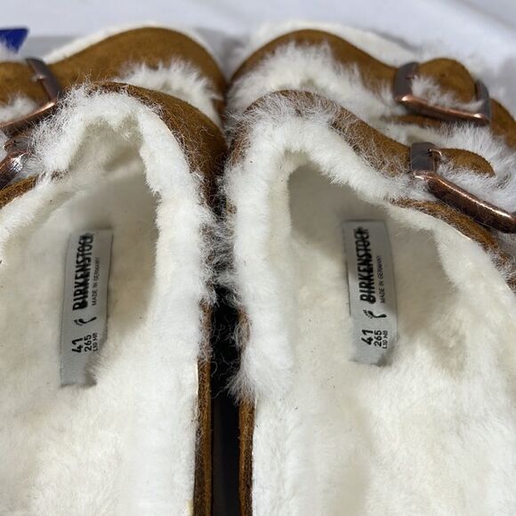 BIRKENSTOCK ARIZONA SHEARLING SANDALS NWT BROWN WHITE FUR - Picture 5 of 10